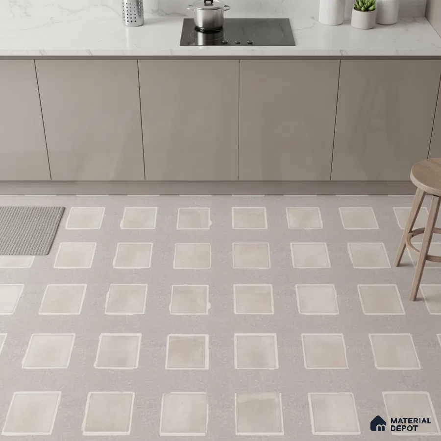 Modern kitchen with taupe high gloss laminate cabinets, white marble countertop, and square patterned beige floor tiles