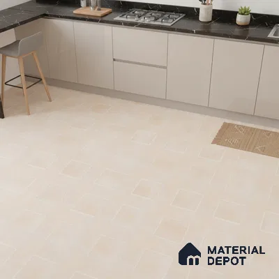 Modern kitchen with beige solid color laminate cabinets, black marble countertop, and patterned beige floor tiles