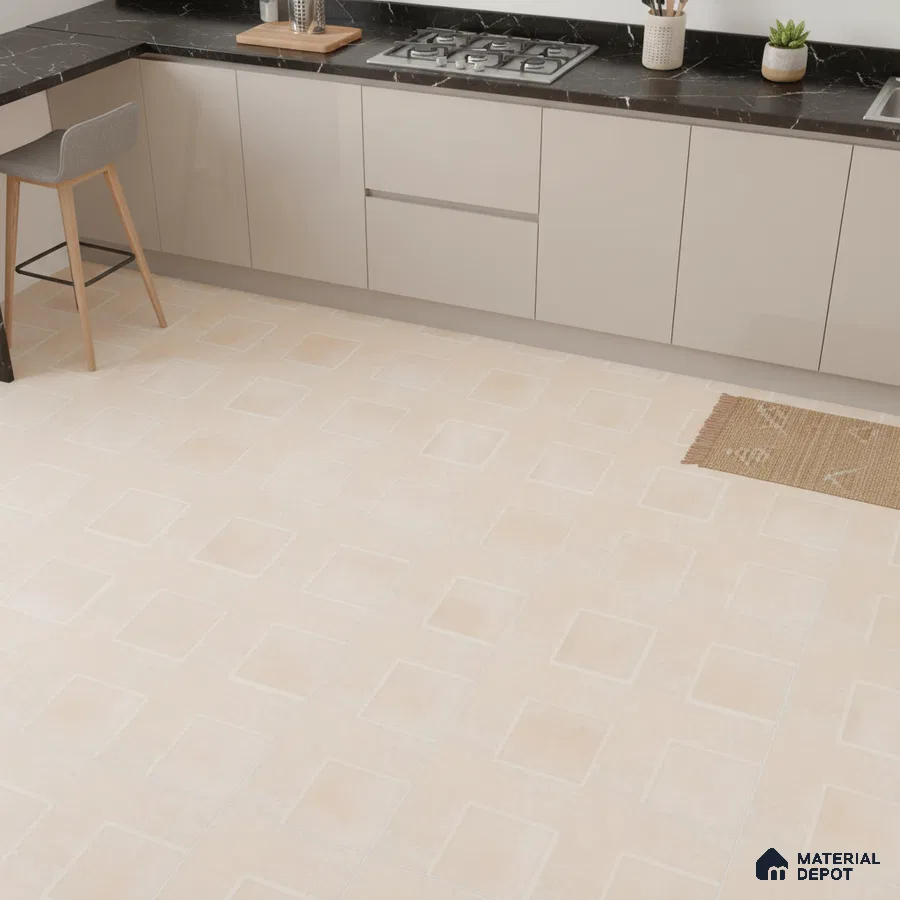 Modern kitchen with beige solid color laminate cabinets, black marble countertop, and patterned beige floor tiles