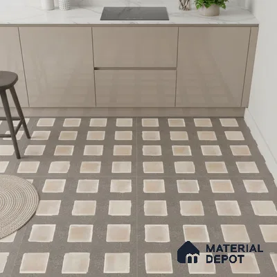 Modern kitchen with taupe high gloss laminate cabinets, white marble countertop, and geometric patterned floor tiles