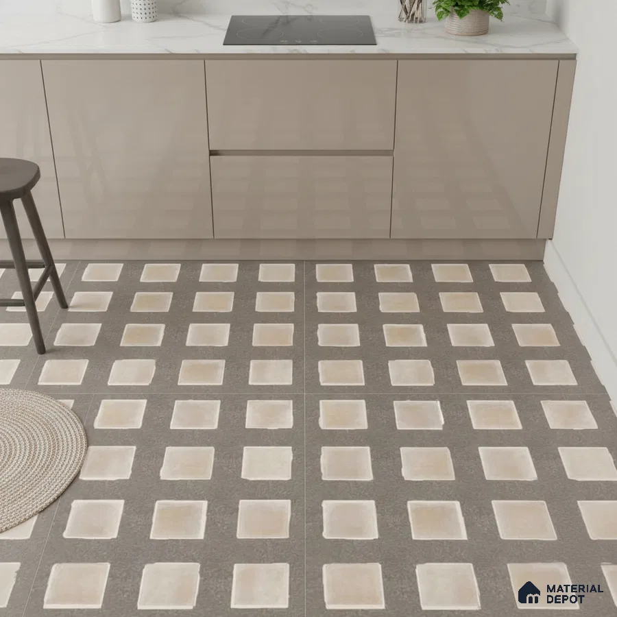 Modern kitchen with taupe high gloss laminate cabinets, white marble countertop, and geometric patterned floor tiles