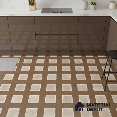 Modern kitchen with glossy brown laminate cabinets, white marble-look quartz countertop, and brown geometric patterned floor tiles