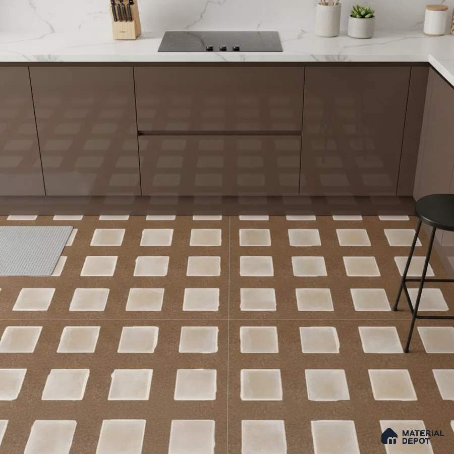 Modern kitchen with glossy brown laminate cabinets, white marble-look quartz countertop, and brown geometric patterned floor tiles