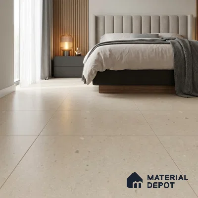 Modern Bedroom with Cream Terrazzo-Look Floor Tile