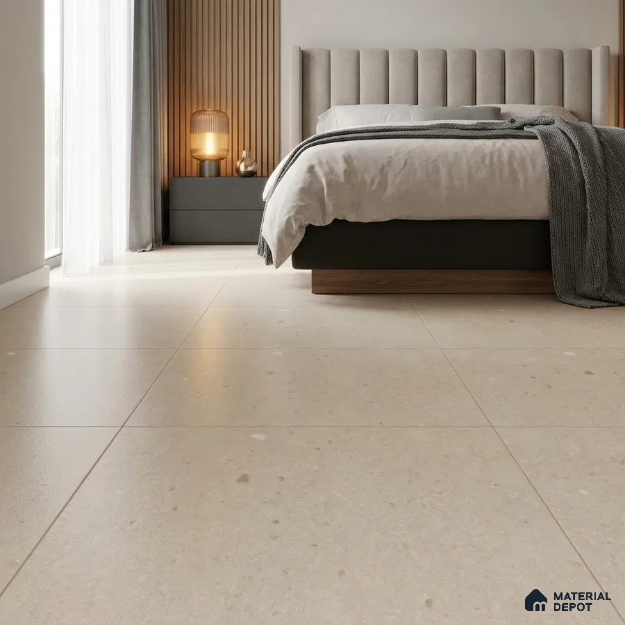 Modern Bedroom with Cream Terrazzo-Look Floor Tile