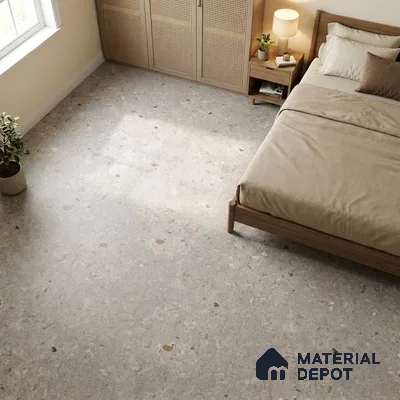 Modern Bedroom with Grey Terrazzo-Look Floor Tile