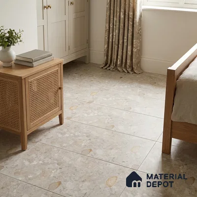 Traditional Bedroom with Beige Terrazzo-Look Floor Tile and Amber Chips