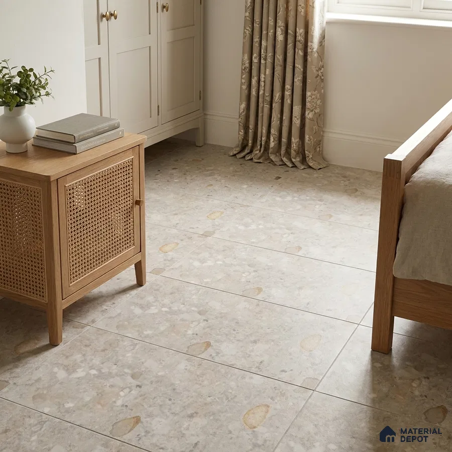 Traditional Bedroom with Beige Terrazzo-Look Floor Tile and Amber Chips