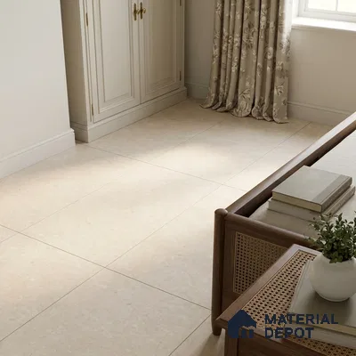 Traditional Bedroom with Cream Limestone-Look Matte Floor Tile