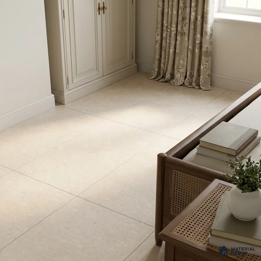 Traditional Bedroom with Cream Limestone-Look Matte Floor Tile