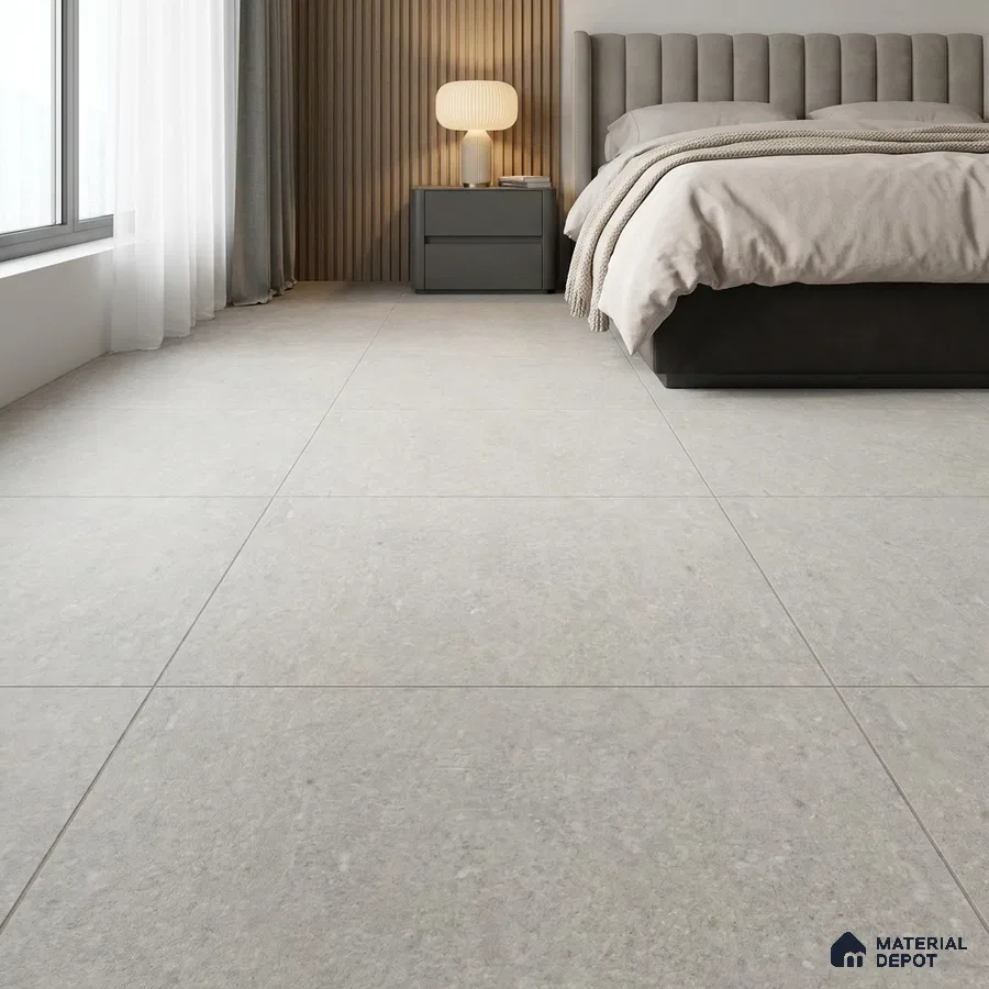 Modern Bedroom with Light Grey Stone-Look Matte Floor Tile