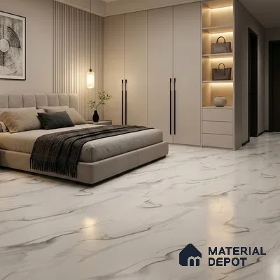 Modern Bedroom with Glossy White Marble-Look Floor Tile