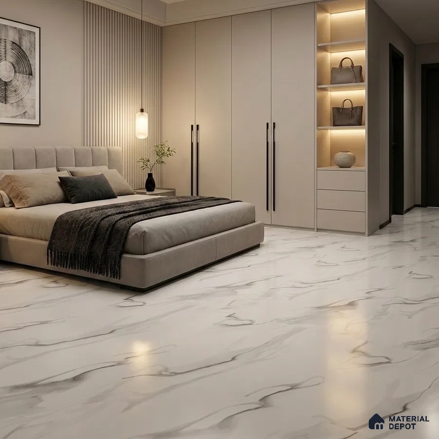 Modern Bedroom with Glossy White Marble-Look Floor Tile