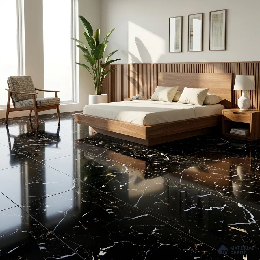 Mid-century Modern Bedroom with Black Marble-Look Floor Tile and Walnut Bed
