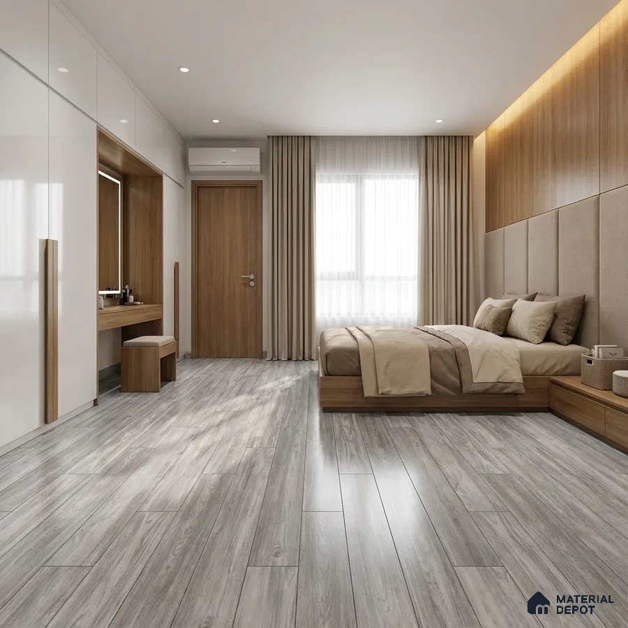 Minimalist bedroom with white high gloss laminate wardrobe, oak wood paneling, and grey wood-look floor tiles