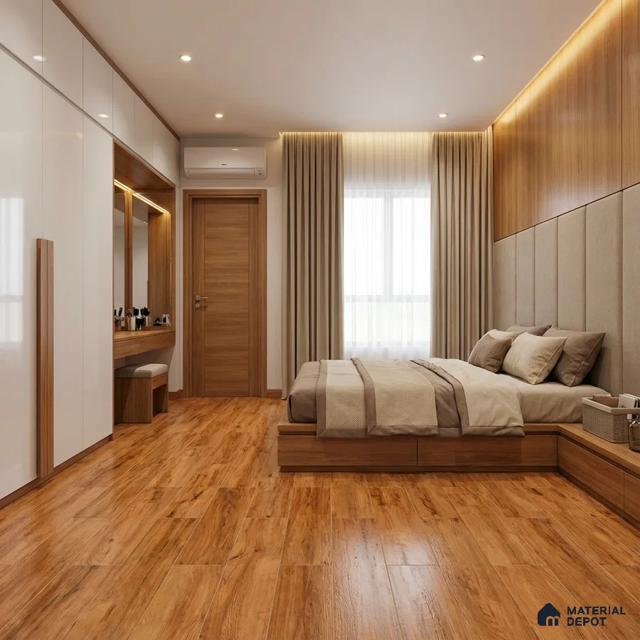Modern bedroom with glossy white wardrobe, oak wood laminate flooring, and beige upholstered wall panels