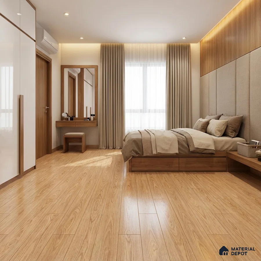Modern bedroom with light oak wooden flooring, beige upholstered wall panels, and glossy white wardrobe