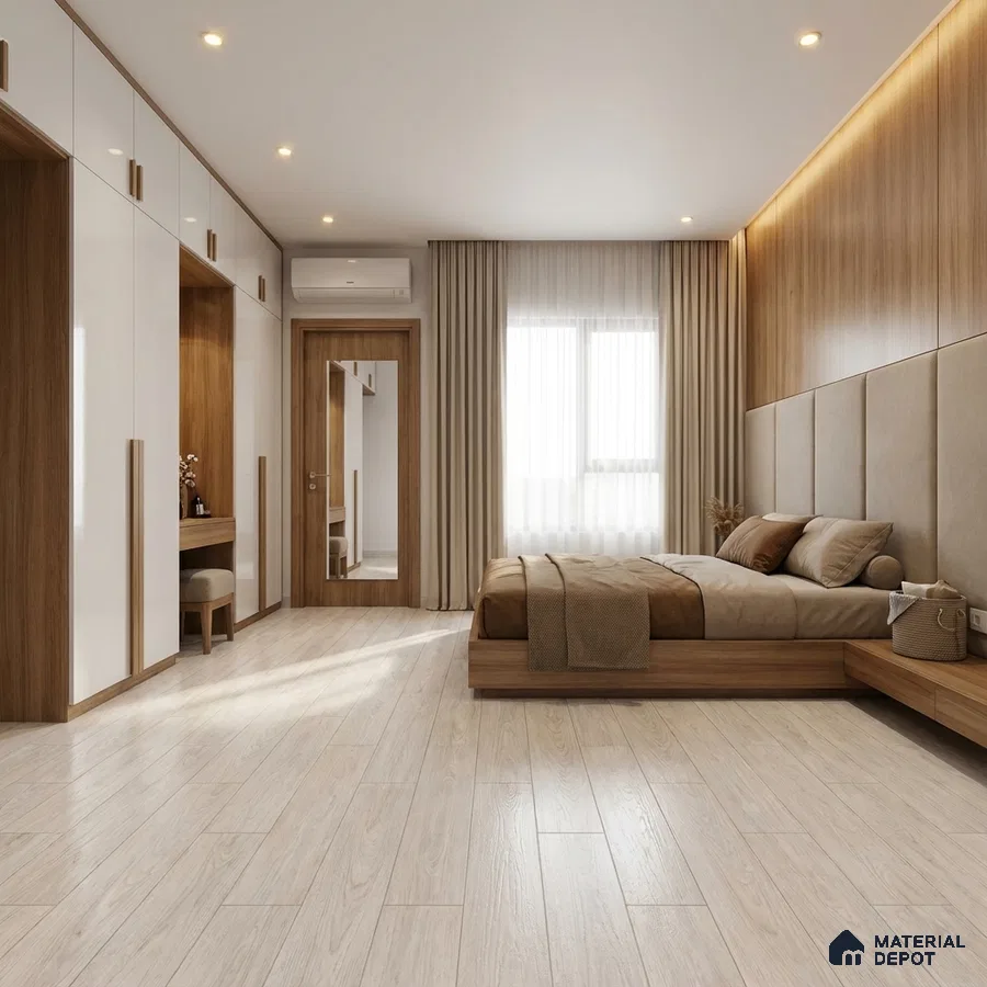 Modern bedroom with white high gloss laminate wardrobe, light oak wood paneling, and light wood floor tiles