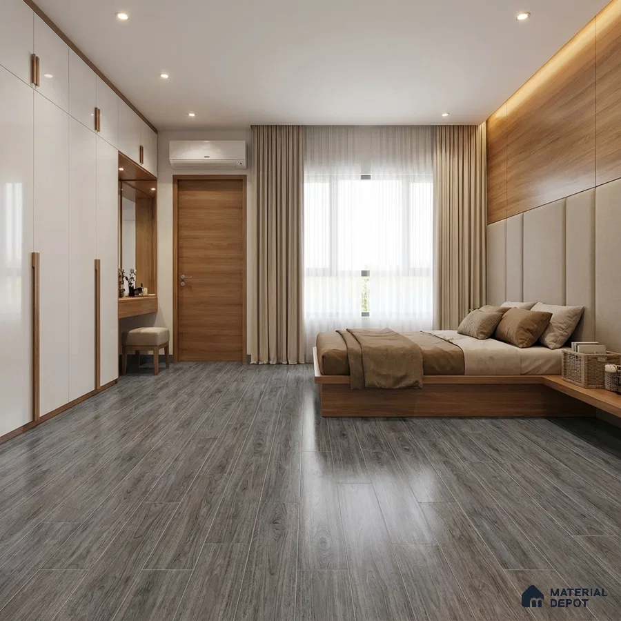 Modern bedroom with white high gloss laminate wardrobe, walnut wood accents, and grey wood plank flooring