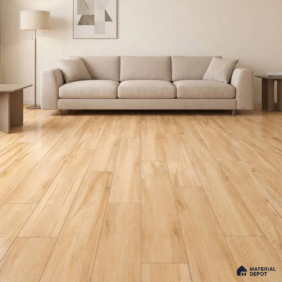 Scandinavian living room with light oak wood flooring and beige fabric sofa