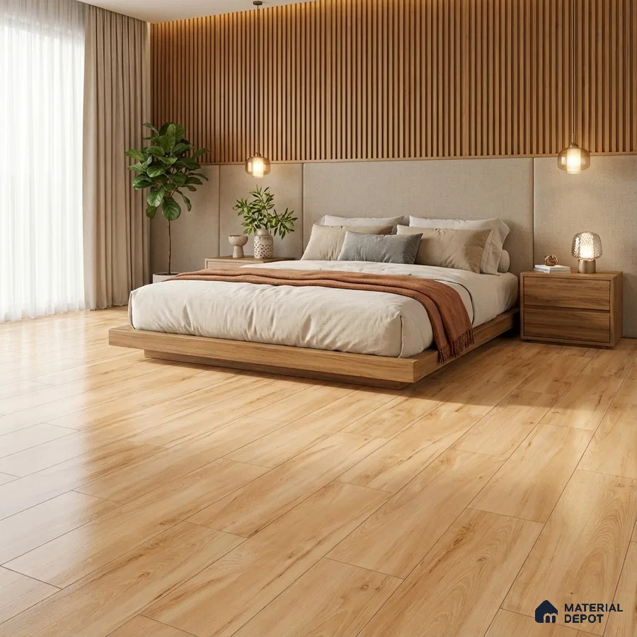 Scandinavian bedroom with light oak wood flooring and vertical wood slat wall panels