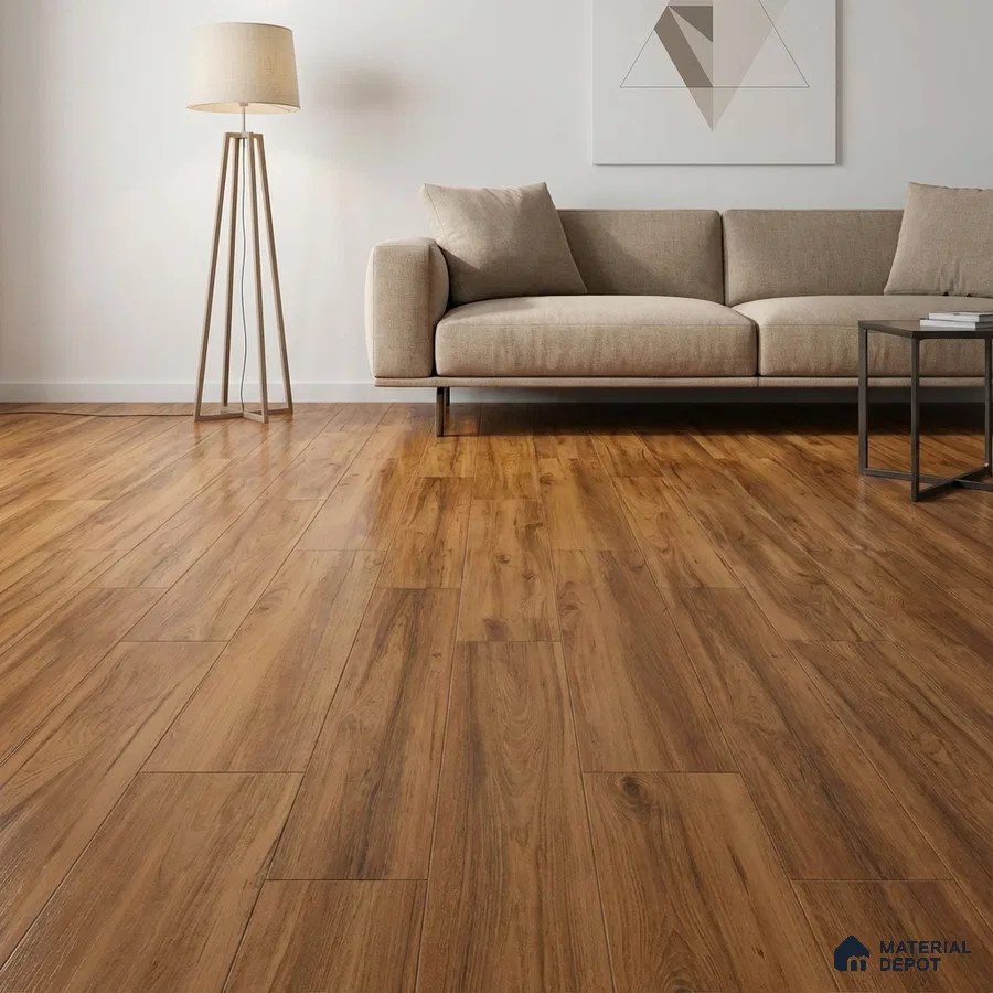 Minimalist living room with natural oak wood flooring and beige fabric sofa