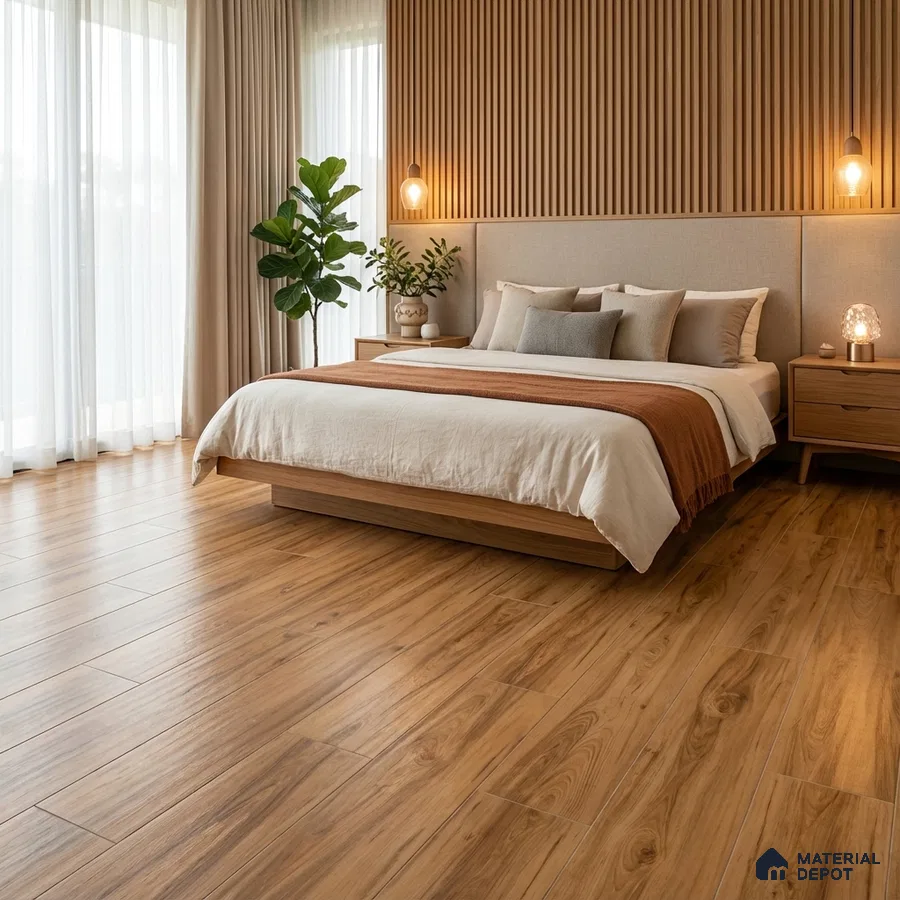 Scandinavian bedroom with oak wood flooring and vertical wood slat wall panels