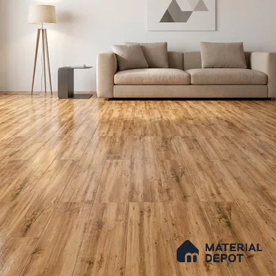 Minimalist living room with natural oak wood plank flooring and beige sofa