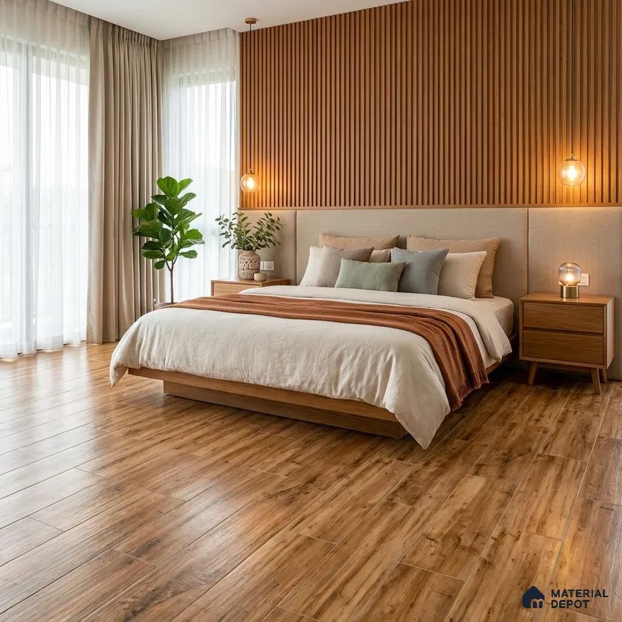 Scandinavian bedroom with oak wood flooring and vertical wood slat accent wall