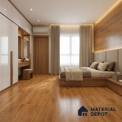 Modern bedroom with glossy white laminate wardrobe, oak wood laminate wall panel, and wooden flooring