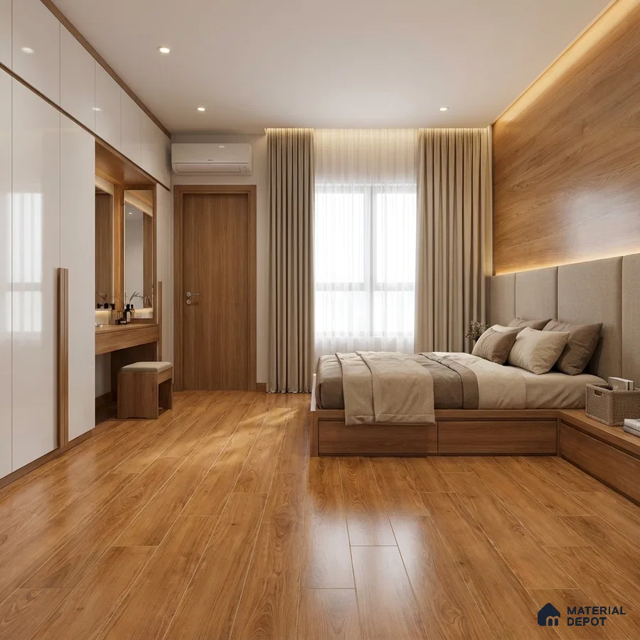 Modern bedroom with glossy white laminate wardrobe, oak wood laminate wall panel, and wooden flooring