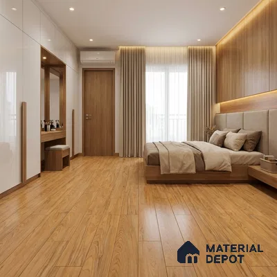 Minimalist bedroom with oak wood flooring, white high gloss wardrobe, and wood panel accent wall