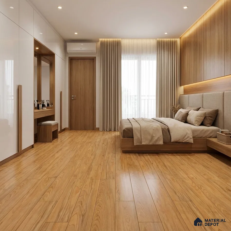 Minimalist bedroom with oak wood flooring, white high gloss wardrobe, and wood panel accent wall