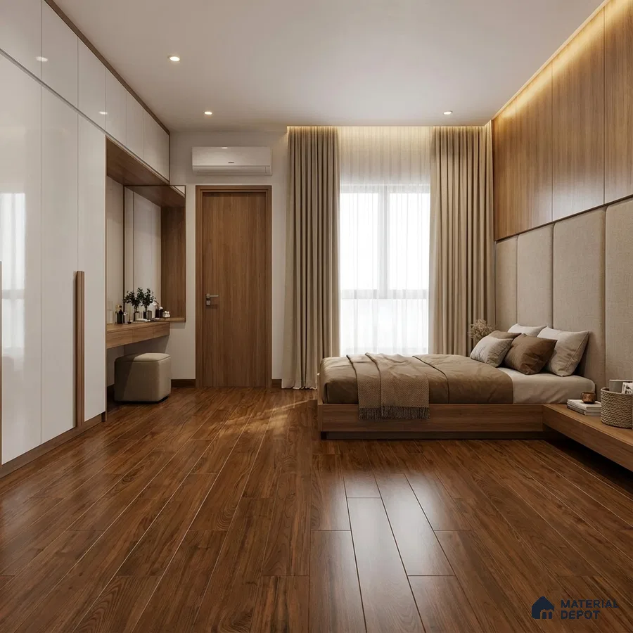 Minimalist bedroom with walnut wood flooring, white high gloss laminate wardrobe, and natural wood wall panels