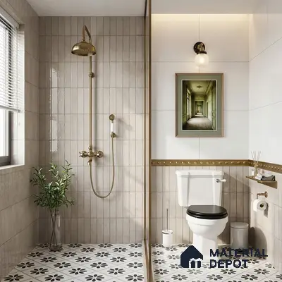 Modern bathroom with beige vertical subway wall tiles and black-and-white floral patterned floor tiles