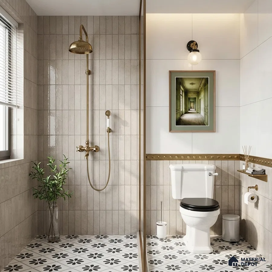 Modern bathroom with beige vertical subway wall tiles and black-and-white floral patterned floor tiles