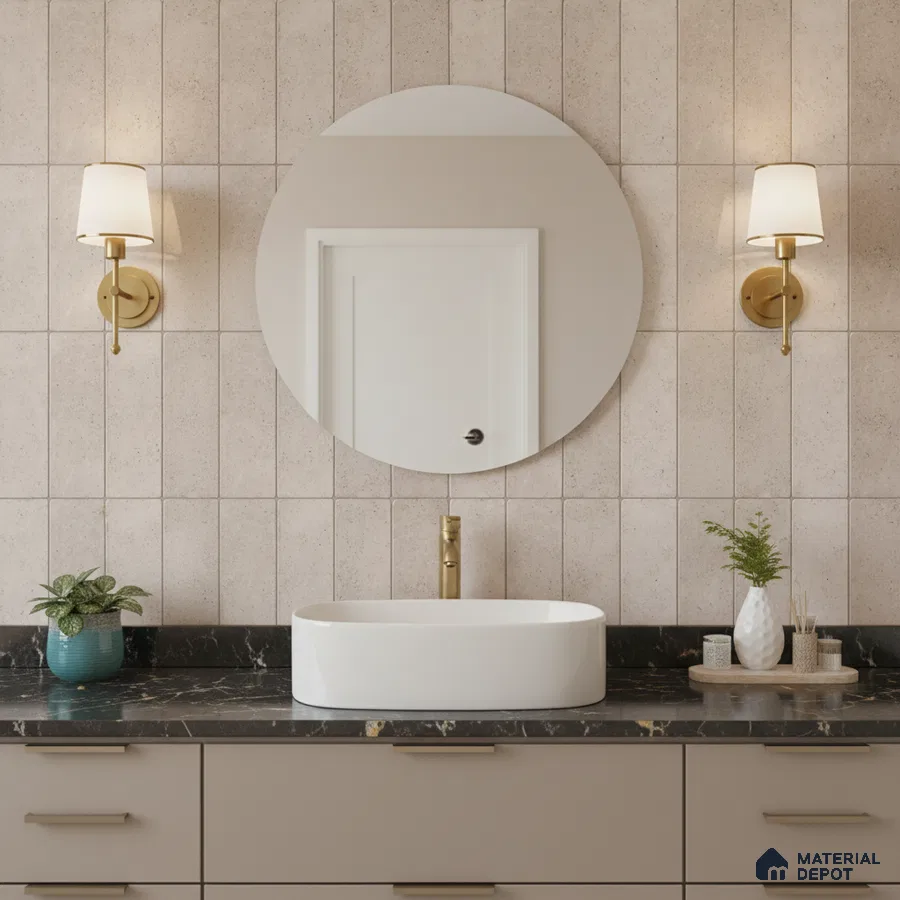 Scandinavian kitchen with beige vertical subway backsplash tile, terrazzo countertop, and light wood open shelf