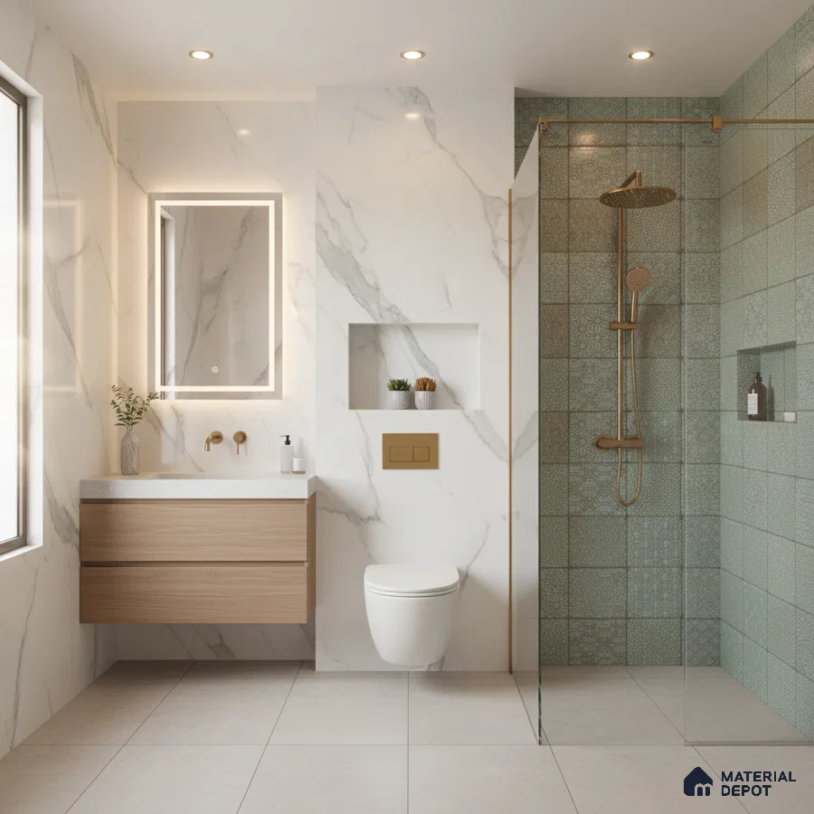 Modern bathroom with white marble-look wall tiles, patterned mint green shower tiles, and light wood vanity