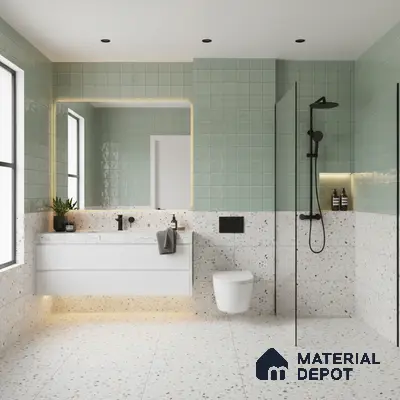 Modern bathroom with sage green wall tiles and terrazzo floor and wall tiles