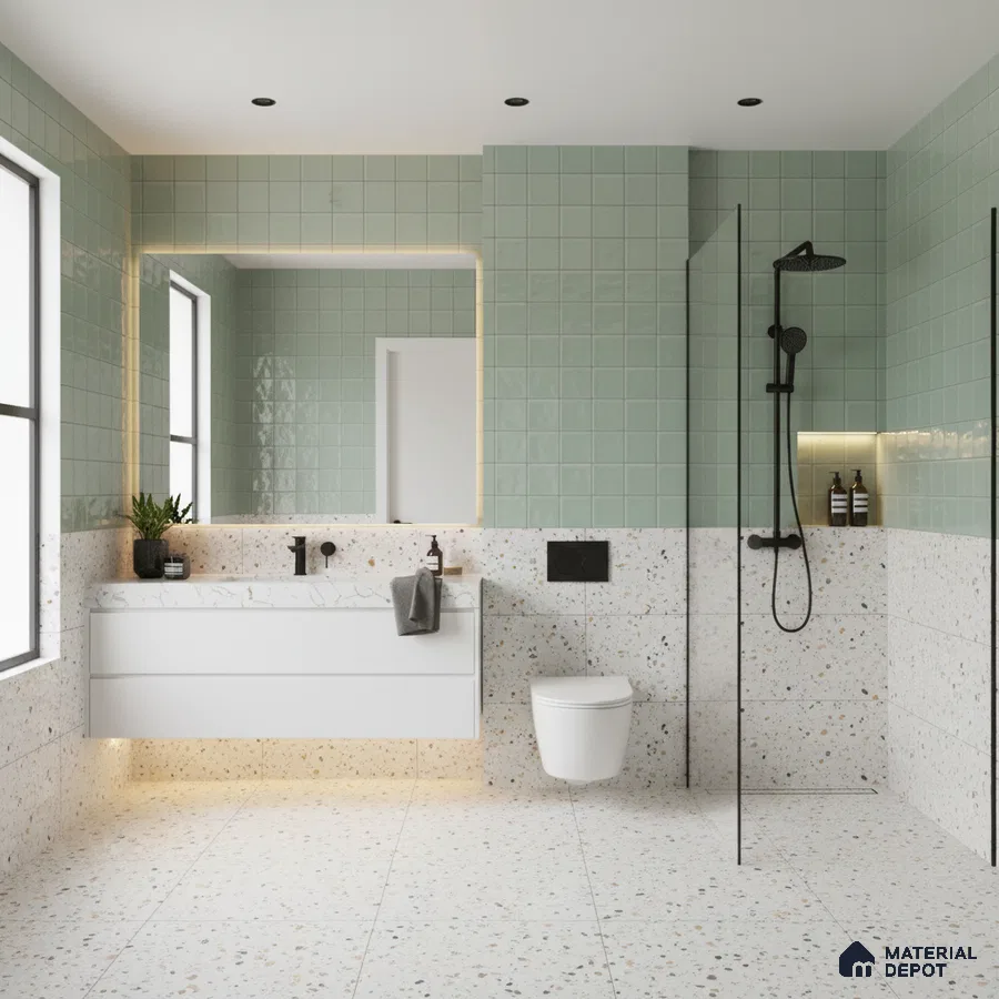 Modern bathroom with sage green wall tiles and terrazzo floor and wall tiles