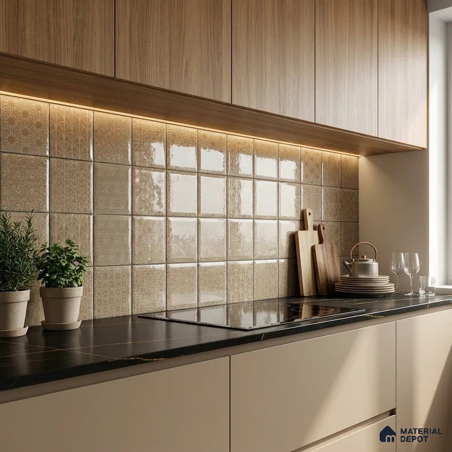 Modern kitchen with beige patterned backsplash tiles, light oak laminate cabinets, and black marble countertop