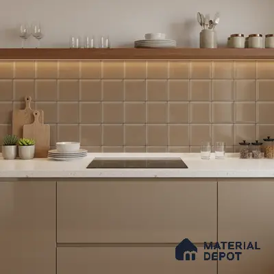 Modern kitchen with taupe square wall tiles, white quartz countertop, and matte taupe laminate cabinets