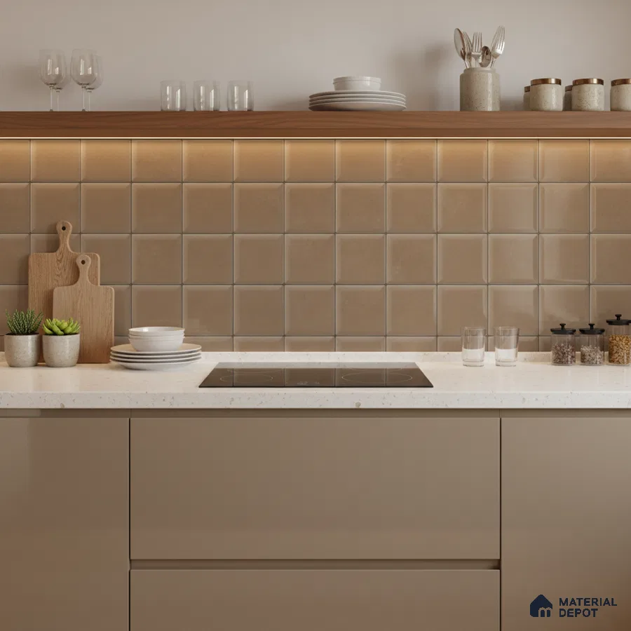Modern kitchen with taupe square wall tiles, white quartz countertop, and matte taupe laminate cabinets