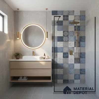 Modern bathroom with blue and grey patterned shower wall tiles and light wood floating vanity