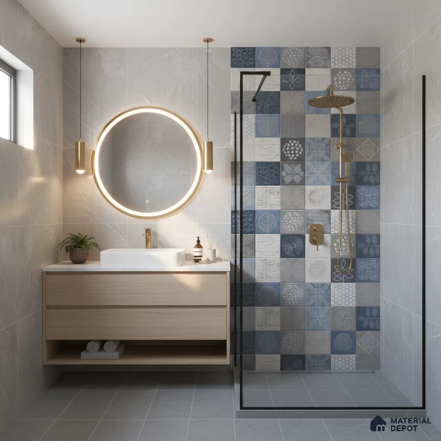 Modern bathroom with blue and grey patterned shower wall tiles and light wood floating vanity
