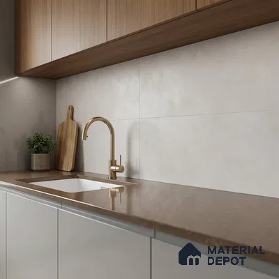 Modern kitchen with walnut wood laminate cabinets, taupe quartz countertop, and matte beige wall tiles
