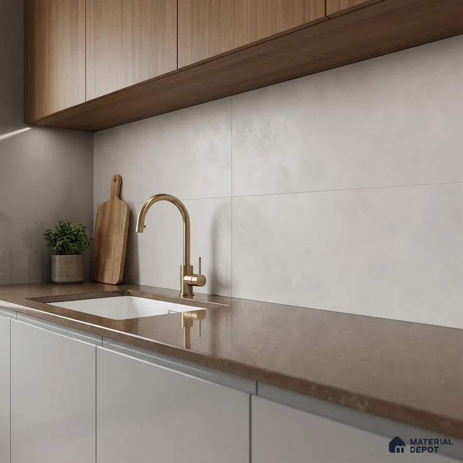 Modern kitchen with walnut wood laminate cabinets, taupe quartz countertop, and matte beige wall tiles