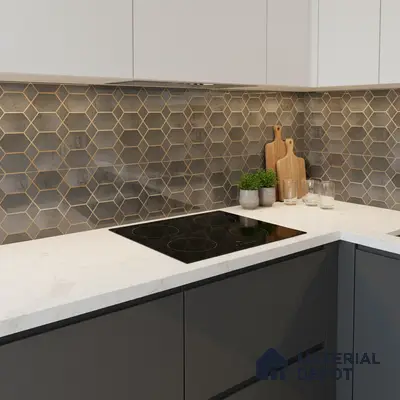 Modern kitchen with grey hexagonal backsplash tile, white quartz countertop, and matte grey laminate cabinets