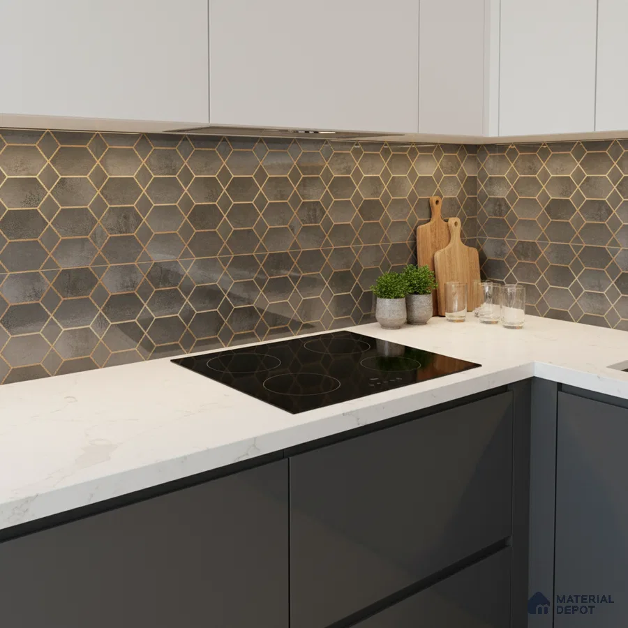 Modern kitchen with grey hexagonal backsplash tile, white quartz countertop, and matte grey laminate cabinets