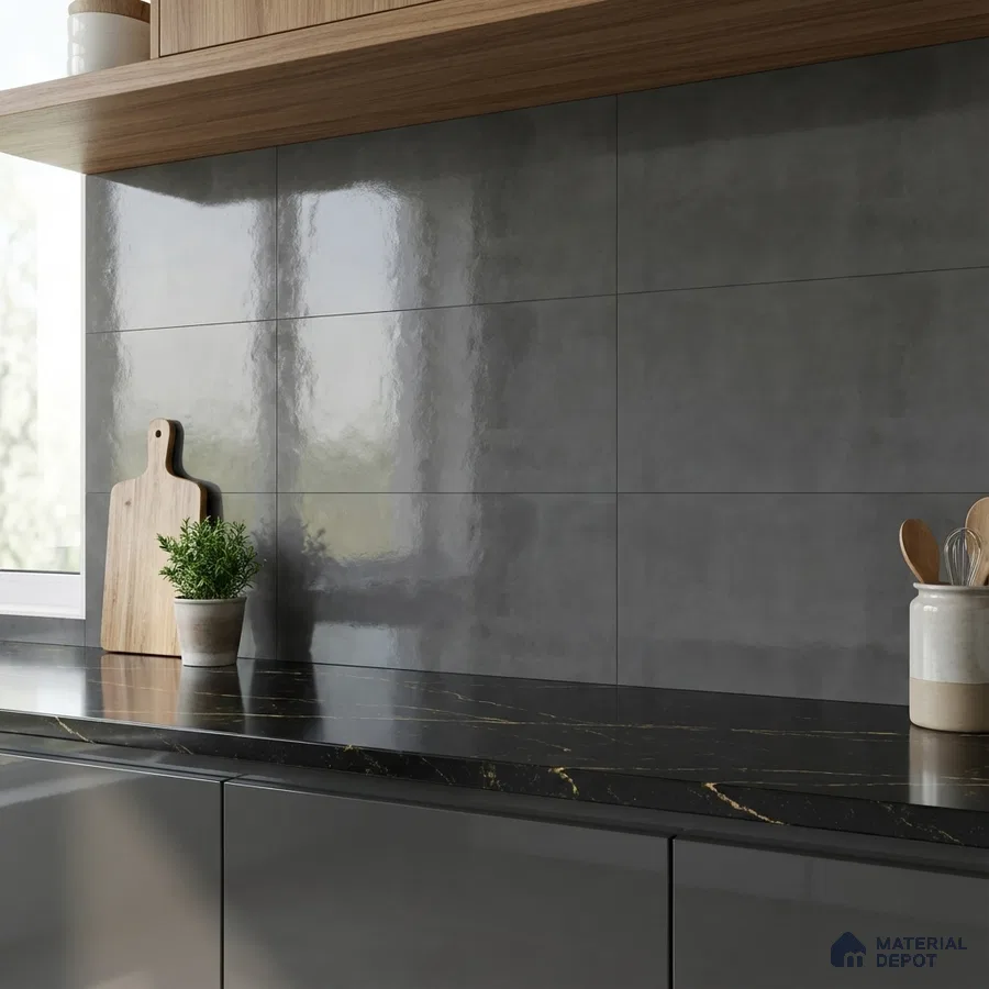 Modern kitchen with glossy grey wall tiles, black marble countertop, and wood laminate shelf
